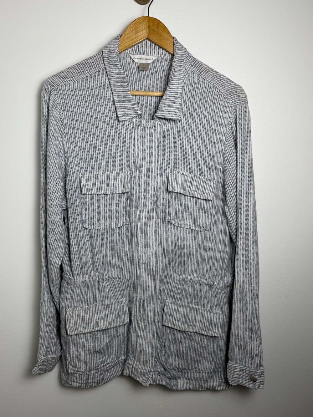 Christopher & Banks Coastal Linen Utility Jacket Blue Stripe L